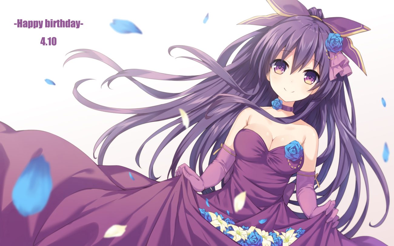 breasts choker cleavage date a live dress elbow gloves flowers gloves long hair neps-l petals ponytail purple eyes purple hair rose skirt lift yatogami tohka