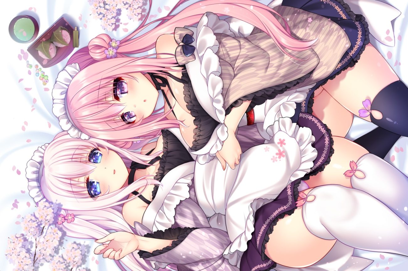 2girls apron aqua eyes breasts cameltoe cherry blossoms cleavage dress drink flowers food japanese clothes long hair maid nopan original panties pink hair purple eyes ringo sui thighhighs underwear