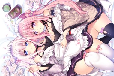 2girls apron aqua eyes breasts cameltoe cherry blossoms cleavage dress drink flowers food japanese clothes long hair maid nopan original panties pink hair purple eyes ringo sui thighhighs underwear