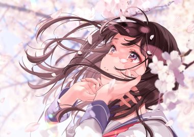 brown eyes brown hair cherry blossoms close flowers long hair original petals school uniform shigure ui