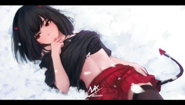 black hair bra demon horns navel original red eyes shimmer shirt lift short hair signed skirt tail thighhighs underwear