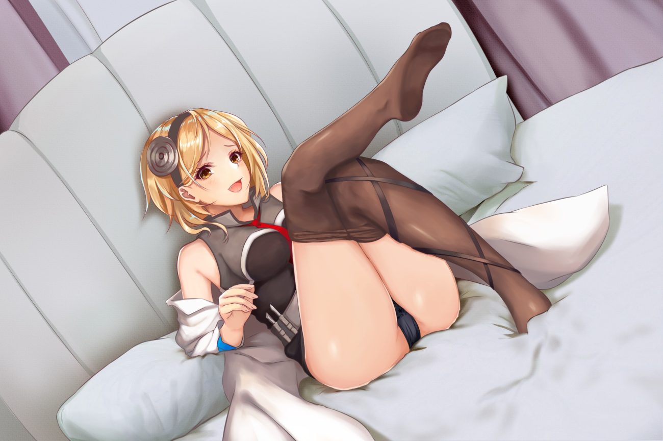 bed blonde hair djeeta (granblue fantasy) granblue fantasy headband nurumaru yu panties pantyhose short hair underwear undressing yellow eyes