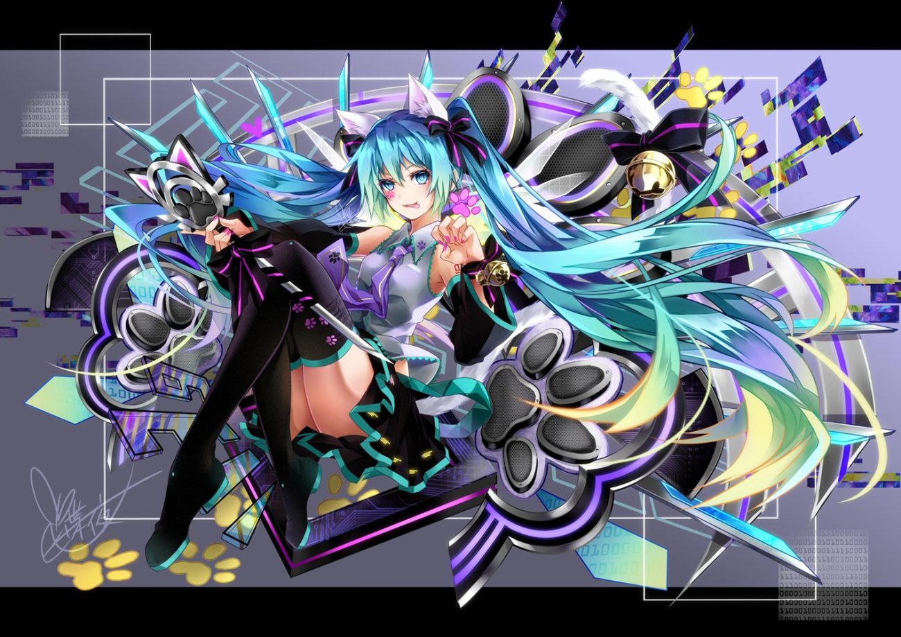 animal ears aqua eyes aqua hair bell bow catgirl hatsune miku long hair microphone ribbons signed skirt tail tattoo thighhighs tie twintails tyouya vocaloid