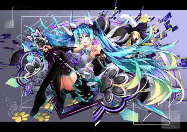 animal ears aqua eyes aqua hair bell bow catgirl hatsune miku long hair microphone ribbons signed skirt tail tattoo thighhighs tie twintails tyouya vocaloid