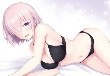 aliasing bra breasts chacharan cleavage fate/grand order fate (series) gradient mash kyrielight navel panties pink hair purple eyes short hair underwear