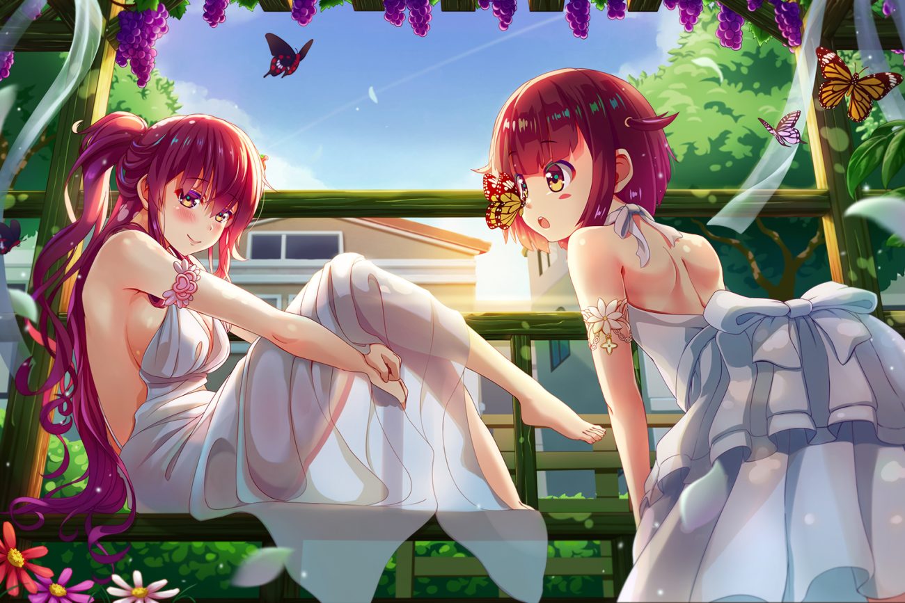 2girls blush bow breasts butterfly cleavage dress flowers food fruit long hair no bra original ponytail red hair see through short hair sideboob yellow eyes zongmao