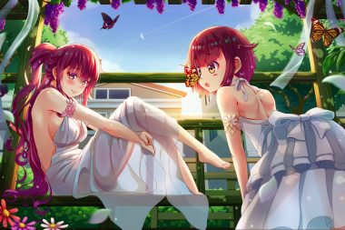 2girls blush bow breasts butterfly cleavage dress flowers food fruit long hair no bra original ponytail red hair see through short hair sideboob yellow eyes zongmao