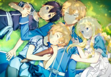 alice zuberg apron black eyes black hair blonde hair blue eyes eugeo fcc grass green headband kirigaya kazuto loli long hair male short hair sleeping sword art online sword art online alicization