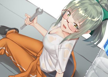 anthropomorphism blush bra breasts cleavage glasses green hair kantai collection pallad ponytail see through short hair underwear wet yellow eyes yuubari (kancolle)