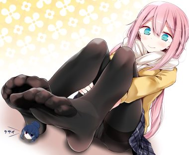 aqua eyes close gradient kagamihara nadeshiko long hair oouso panties pantyhose pink hair scarf shima rin skirt underwear yuru camp