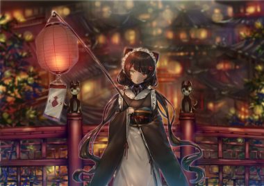 animal ears apron bicolored eyes black hair bow building cat smile city collar doggirl headdress inui toko japanese clothes kimono long hair maid mochi (m0chi0000) nijisanji twintails