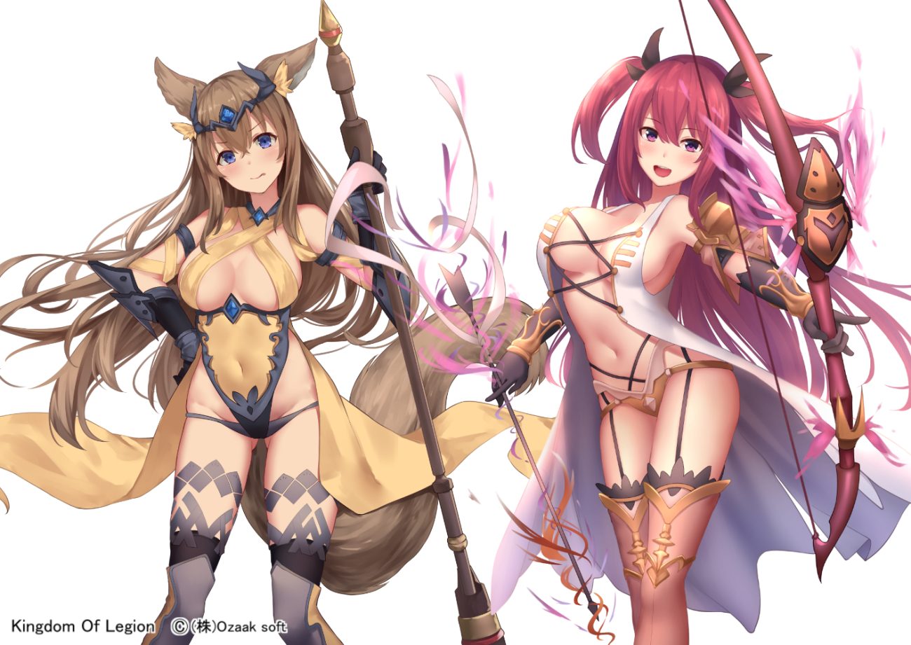 2girls animal ears blue eyes blush bow (weapon) breasts brown hair elbow gloves garter belt gloves kingdom of legion long hair magic panties purple eyes red hair spear stockings suzuame yatsumi tagme (character) tail thighhighs twintails underwear watermark weapon white