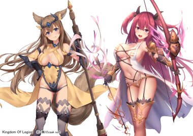 2girls animal ears blue eyes blush bow (weapon) breasts brown hair elbow gloves garter belt gloves kingdom of legion long hair magic panties purple eyes red hair spear stockings suzuame yatsumi tagme (character) tail thighhighs twintails underwear watermark weapon white