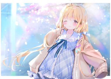 aliasing blonde hair blush bow brown eyes dress futaba anzu haruri idolmaster idolmaster cinderella girls loli lolita fashion long hair ribbons twintails watermark wink