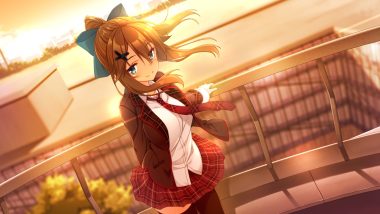 aqua eyes brown hair game cg hinekuremono no gakuen seishun monogatari long hair nanjou sakuya ponytail rooftop rozea school uniform skirt sunset thighhighs tie