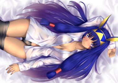 animal ears blue hair blush breasts dark skin fate/grand order fate (series) headband long hair mishiro (ixtlolton) nitocris (fate/grand order) no bra open shirt panties pantyhose purple eyes shirt underwear undressing