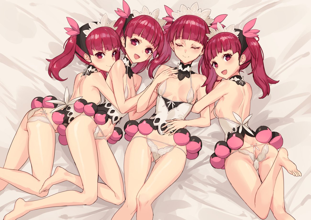 ass barefoot bikini breasts headdress hug kemurikusa long hair red eyes red hair rina (kemurikusa) sigm@ swimsuit twintails