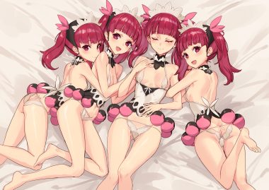 ass barefoot bikini breasts headdress hug kemurikusa long hair red eyes red hair rina (kemurikusa) sigm@ swimsuit twintails