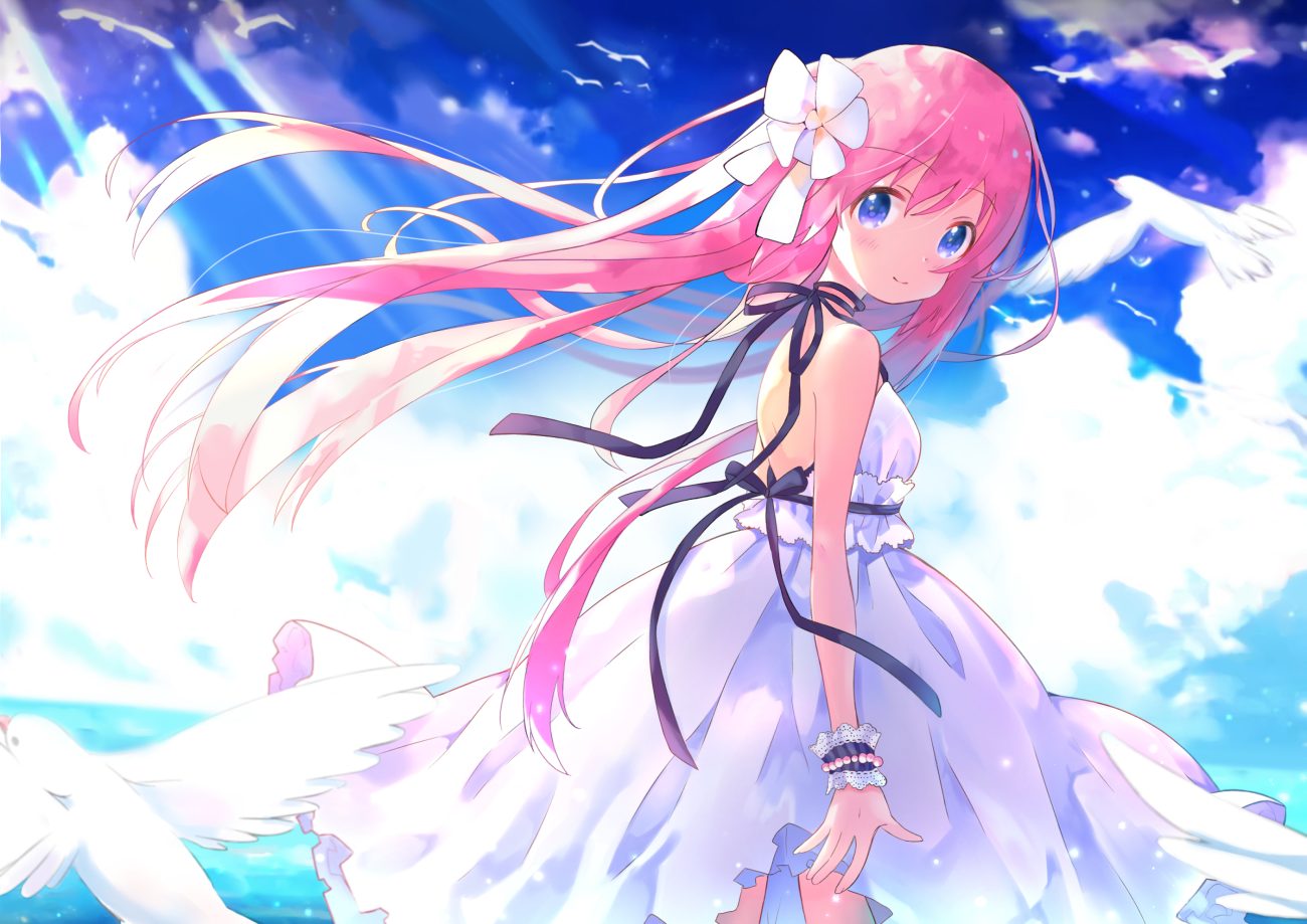 animal bird blue eyes blush clouds dress jerry (gn 012777999) long hair original pink hair sky wristwear