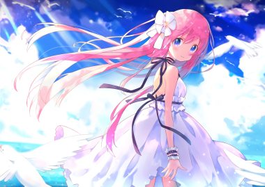 animal bird blue eyes blush clouds dress jerry (gn 012777999) long hair original pink hair sky wristwear