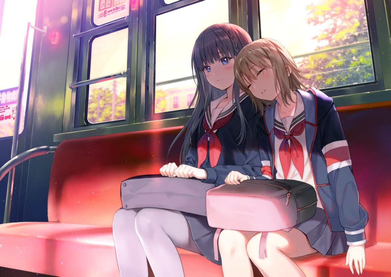 2girls blue eyes blush braids brown hair fukahire sanba original pantyhose school uniform skirt sleeping train