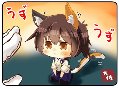 animal ears anthropomorphism blush brown eyes brown hair catgirl chibi gloves japanese clothes kaga (kancolle) kantai collection ponytail short hair tail taisa (kari)