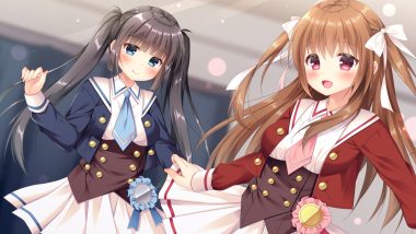 2girls aliasing black hair blue eyes blush bow brown hair fujikura ryuune long hair original red eyes ribbons school uniform skirt skirt lift tie twintails
