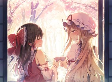 2girls black hair blonde hair blush bow cherry blossoms drink flowers hakurei reimu hat japanese clothes long hair miko purple eyes sake shnva touhou tree yakumo yukari