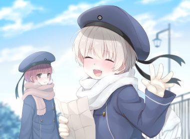 2girls anthropomorphism blonde hair blush brown eyes close clouds gloves kantai collection paper purple hair scarf short hair sky totto (naka) z1 leberecht maass (kancolle) z3 max schultz (kancolle)