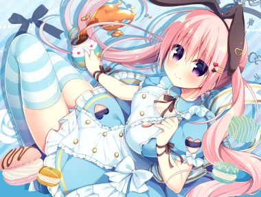aliasing alice in wonderland animal ears apron blush bow breasts cleavage dress drink food headband lolita fashion long hair natsuka (unagi-unagi-unagi) original pink hair purple eyes ribbons thighhighs twintails wristwear zettai ryouiki
