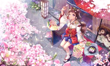 bow brown hair cat smile cherry blossoms drink fang flowers food japanese clothes kimono original petals purple eyes ryuu32 short hair socks tail umbrella wink