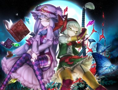 2girls blood book butterfly garter belt glasses hat headband katana konpaku youmu magic moon panties patchouli knowledge stockings sword thighhighs thupoppo touhou underwear weapon
