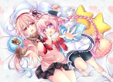 2girls animal anthropomorphism bandage barefoot bed bike shorts blush bow braids dress harusame (kancolle) hat kantai collection long hair nenohi (kancolle) pink hair ponytail purple eyes red eyes ringo sui scarf school uniform shorts skirt