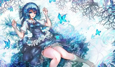 animal aqua eyes aqua hair barefoot butterfly cirno dress fairy fish kiyomasa ren short hair touhou water