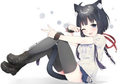 abe suke animal ears black hair blue eyes blush boots braids catgirl cat smile long hair original ponytail signed tail thighhighs white wink wristwear