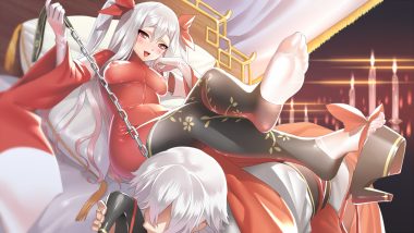 blush bondage chain chaos dragon erect nipples gray hair ibuki (chaos dragon) inori (chaos dragon) long hair male pantyhose red eyes skintight smoke (flyx21) twintails