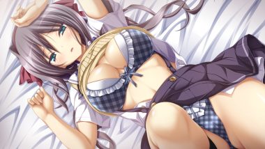 bed bra breasts cameltoe cleavage game cg gray hair green eyes koku matsuriya minato panties ponytail purple software realive school uniform shirt lift skirt lift underwear