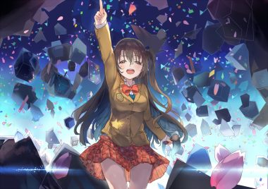 aliasing bow brown hair crying idolmaster idolmaster cinderella girls long hair microphone mitu yang petals ponytail school uniform shimamura uzuki skirt tears yellow eyes