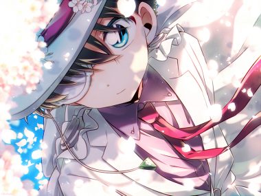 aka tonbo (lovetow) all male aqua eyes black hair cherry blossoms flowers glasses hat kaitou kid magic kaito male petals short hair tie watermark