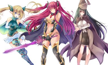 blonde hair blue eyes boots bow (weapon) breast hold breasts cleavage elbow gloves gloves green hair hat jpeg artifacts long hair maki (seventh heaven maxion) navel original pointed ears purple hair red eyes skirt sword thighhighs twintails weapon white