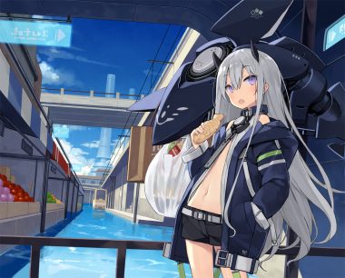 clouds food gray hair hood horns jpeg artifacts navel original poco (asahi age) purple eyes reflection robot shorts sky taiyaki water