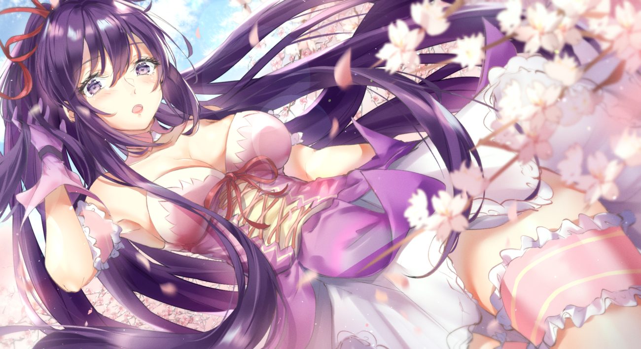breasts cherry blossoms cleavage date a live dress flowers garter gloves long hair nu10040904 ponytail purple eyes purple hair ribbons yatogami tohka