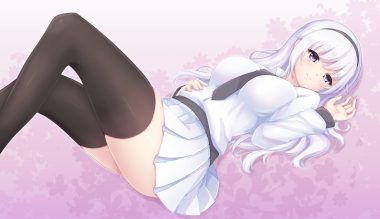headband long hair original purple eyes shokuane skirt thighhighs tie white hair