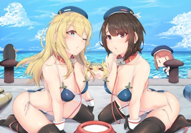 animal anthropomorphism atago (kancolle) bikini bird blonde hair breasts brown eyes brown hair chibi cleavage clouds collar failure penguin fairy (kancolle) gambier bay (kancolle) gloves green eyes group hat headband kantai collection long hair penguin short hair sky swimsuit takao (kancolle) thighhighs water wink zuoteng lucha