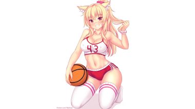 animal ears basketball blonde hair breasts cameltoe catgirl cleavage erect nipples fang fast-runner-2024 long hair navel original ponytail red eyes shorts sport thighhighs tiffy watermark white wristwear