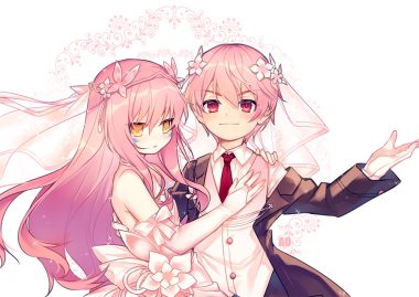 ao jun dress elbow gloves elsword elsword (character) eve (elsword) gloves headdress long hair male pink hair red eyes short hair suit tie watermark white yellow eyes