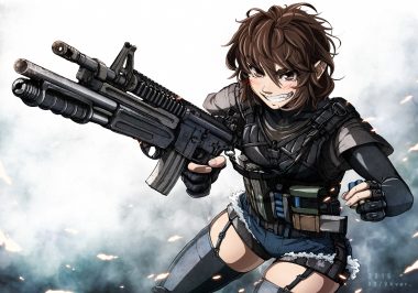 armor blush brown eyes brown hair garter belt gloves gun imizu (nitro unknown) military original short hair shorts thighhighs uniform weapon zettai ryouiki