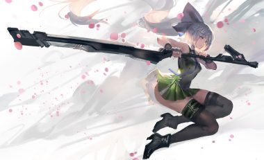 boots gloves gray hair green eyes kishiyo konpaku youmu long hair ponytail skirt sword thighhighs tie touhou weapon