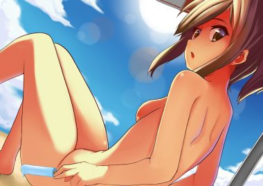 anthropomorphism beach breasts brown eyes brown hair clouds i-401 (kancolle) kantai collection nude onikiri ponytail popsicle sky