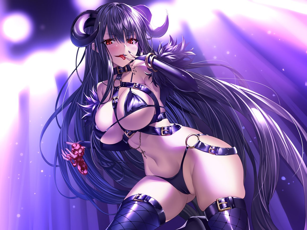 bikini black hair breasts cameltoe collar cross demon elbow gloves gloves heirou horns long hair navel original red eyes swimsuit thighhighs wristwear